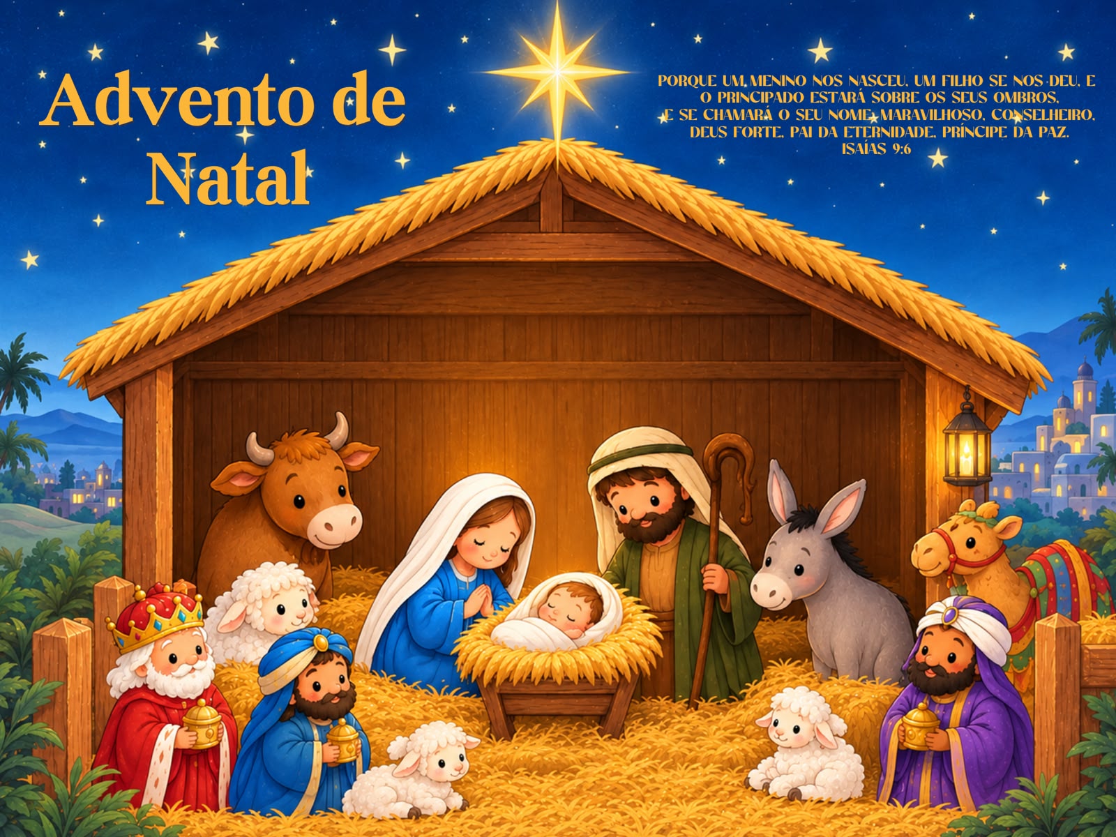 Arte do Advento de Natal: presépio com Maria, José, o menino Jesus na manjedoura, os reis magos e os animais, sob a estrela.